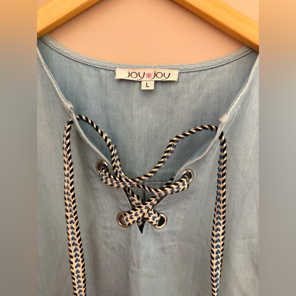 Joy Joy Light Blue Sleeveless Tunic Jean Dress with Tassel Accents Size L - Picture 3 of 5